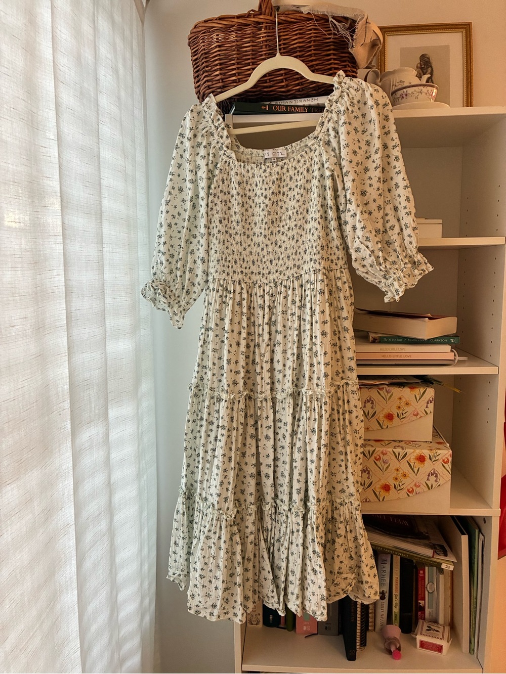 Floral Tiered Prairie Dress in Cream with Blue Print